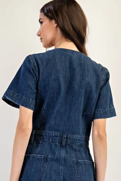 Monroe Short Sleeve Button Down Wide Leg Denim Jumpsuit Dark Wash