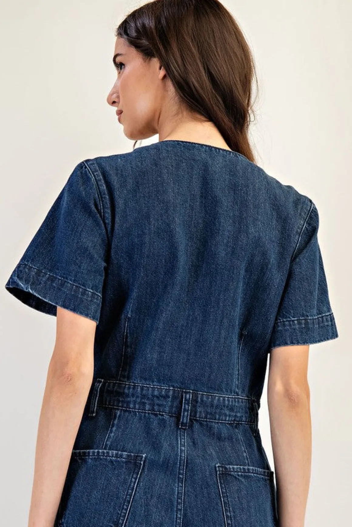 Monroe Short Sleeve Button Down Wide Leg Denim Jumpsuit Dark Wash