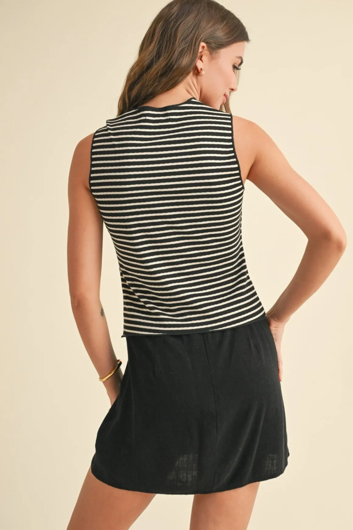 Morgan Sleeveless Stripe Print Knit Top Black