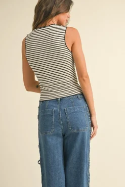Morgan Sleeveless Stripe Print Knit Top Cream