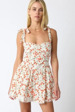Nadia Sleeveless Shoulder Tie Floral Print Romper Orange