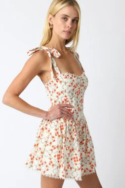 Nadia Sleeveless Shoulder Tie Floral Print Romper Orange