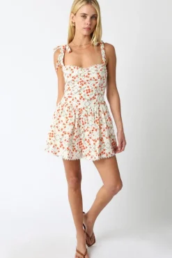 Nadia Sleeveless Shoulder Tie Floral Print Romper Orange
