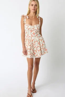 Nadia Sleeveless Shoulder Tie Floral Print Romper Orange