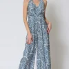 Natalia Halter Tie Tropical Print Wide Leg Jumpsuit Blue