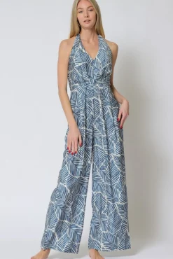 Natalia Halter Tie Tropical Print Wide Leg Jumpsuit Blue