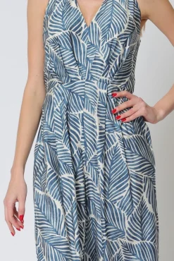 Natalia Halter Tie Tropical Print Wide Leg Jumpsuit Blue