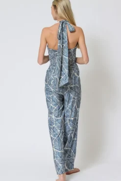 Natalia Halter Tie Tropical Print Wide Leg Jumpsuit Blue