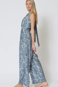 Natalia Halter Tie Tropical Print Wide Leg Jumpsuit Blue