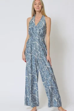 Natalia Halter Tie Tropical Print Wide Leg Jumpsuit Blue