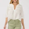 Nichole 3/4 Sleeve Eyelet Button Down Top White