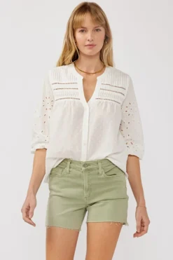 Nichole 3/4 Sleeve Eyelet Button Down Top White