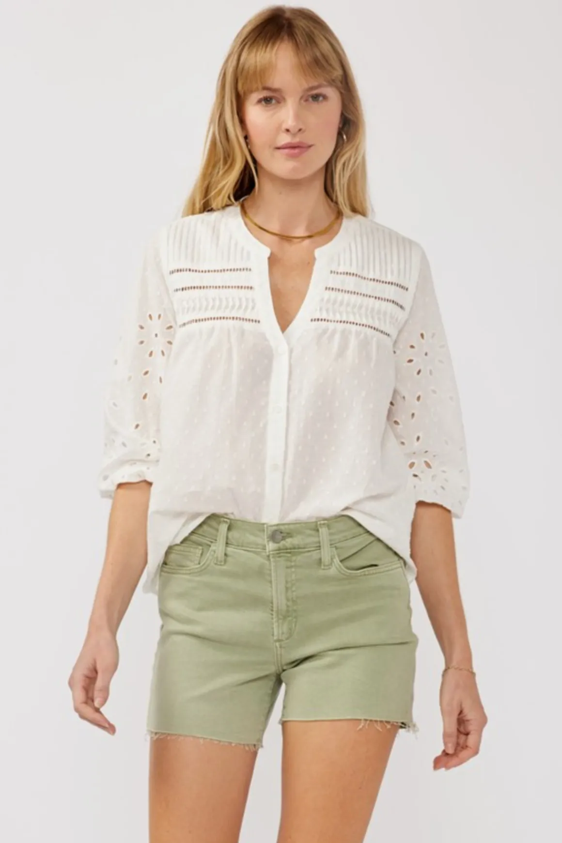 Nichole 3/4 Sleeve Eyelet Button Down Top White