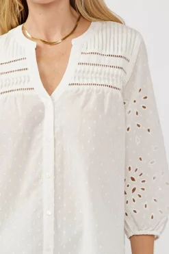 Nichole 3/4 Sleeve Eyelet Button Down Top White