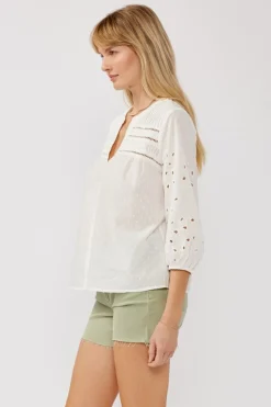 Nichole 3/4 Sleeve Eyelet Button Down Top White
