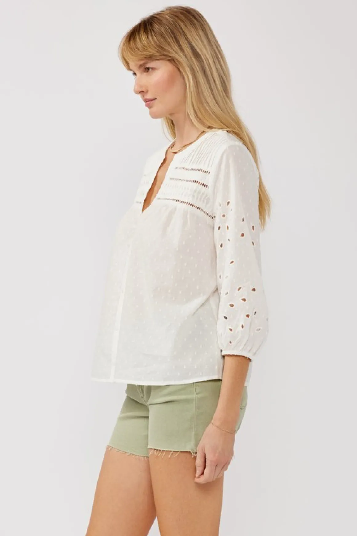 Nichole 3/4 Sleeve Eyelet Button Down Top White