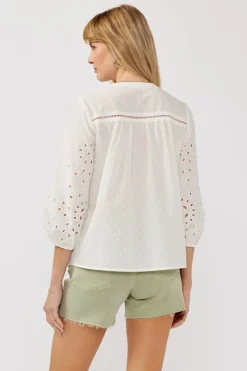 Nichole 3/4 Sleeve Eyelet Button Down Top White