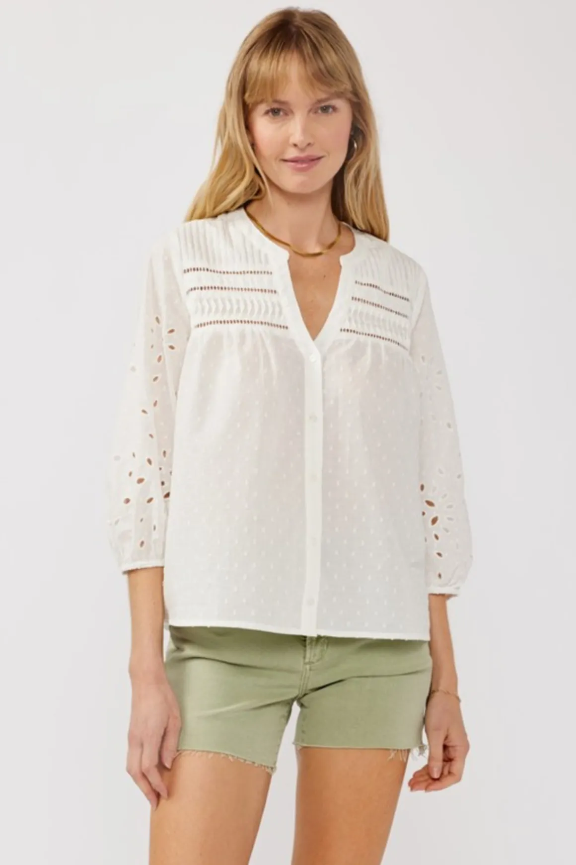 Nichole 3/4 Sleeve Eyelet Button Down Top White