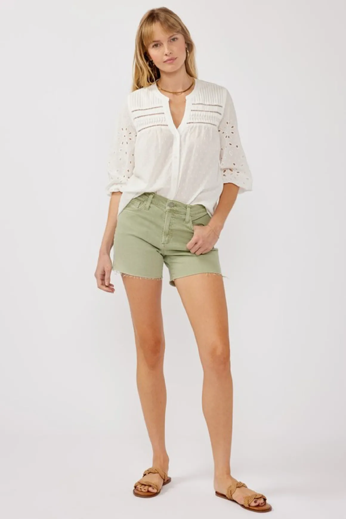 Nichole 3/4 Sleeve Eyelet Button Down Top White
