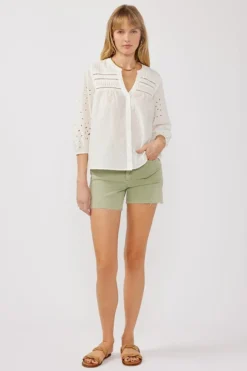 Nichole 3/4 Sleeve Eyelet Button Down Top White