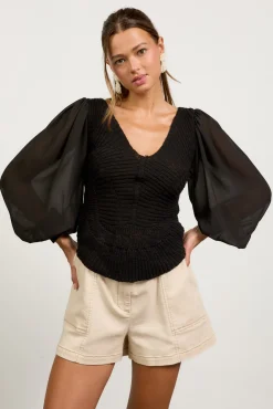 Nicola Long Balloon Sleeve Knit Sweater Top Black
