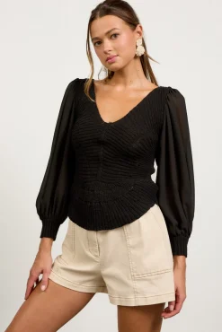 Nicola Long Balloon Sleeve Knit Sweater Top Black