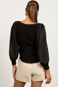 Nicola Long Balloon Sleeve Knit Sweater Top Black