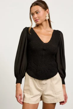 Nicola Long Balloon Sleeve Knit Sweater Top Black