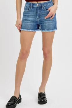 Nina High Rise Tummy Control Fray Hem Denim Shorts Medium Wash