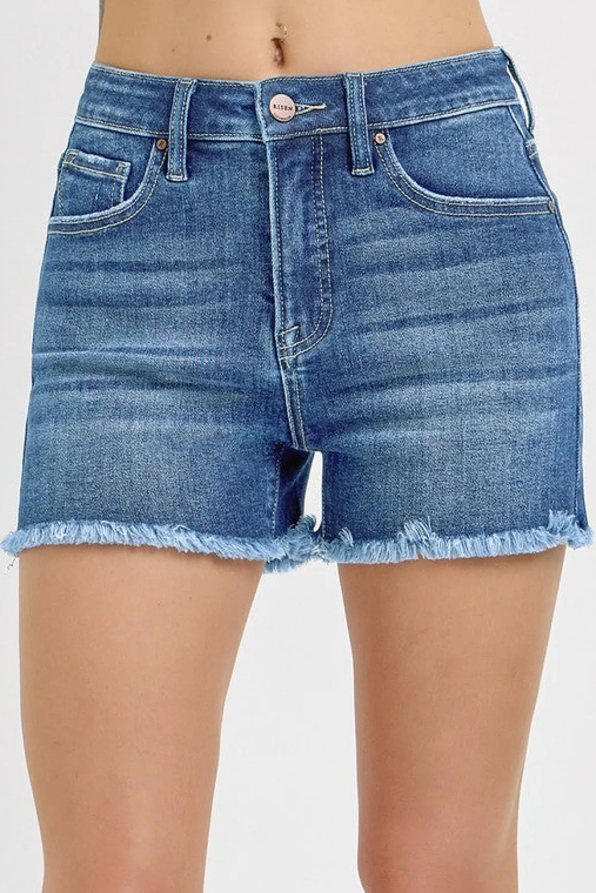 Nina High Rise Tummy Control Fray Hem Denim Shorts Medium Wash