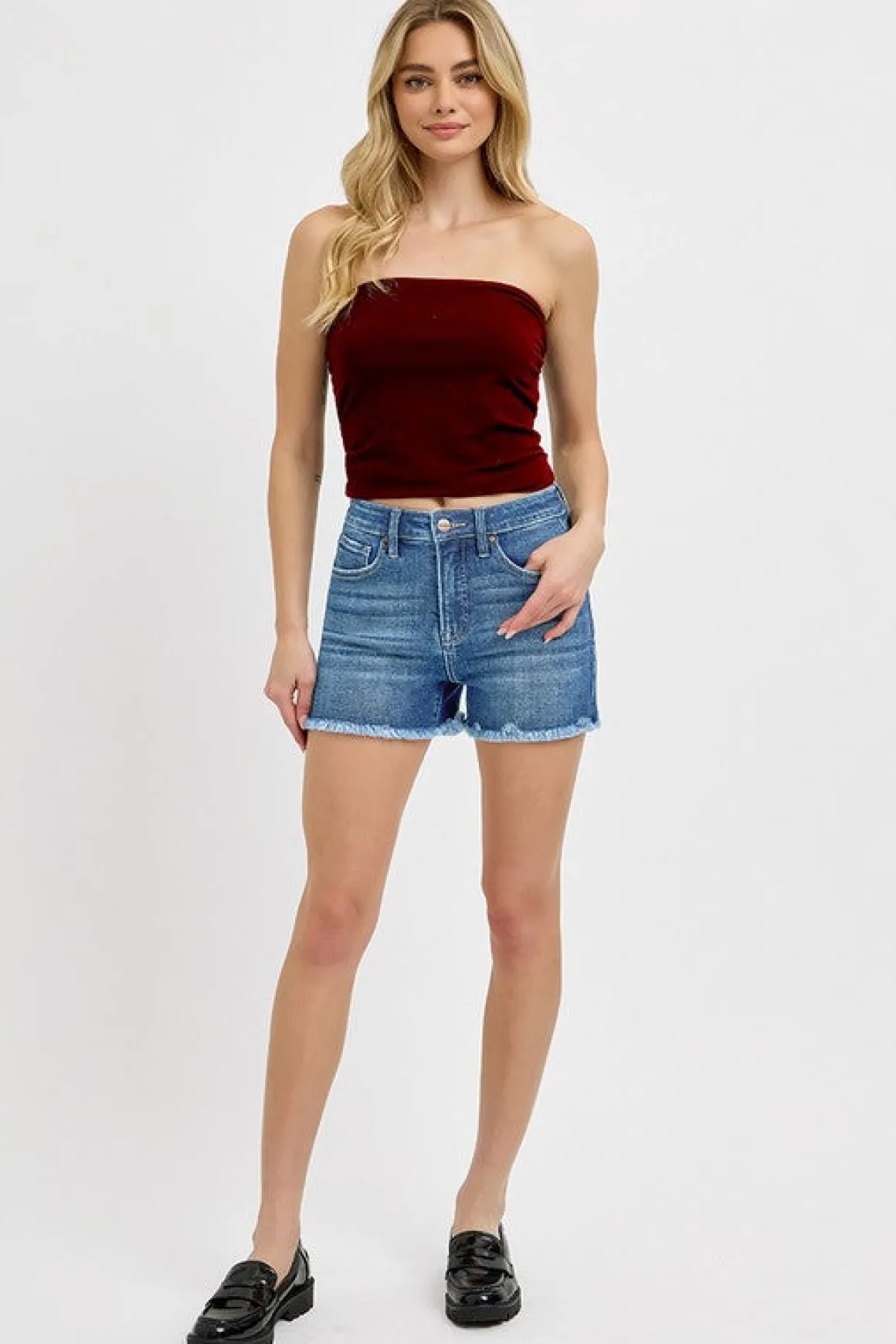 Nina High Rise Tummy Control Fray Hem Denim Shorts Medium Wash