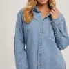 Olive Long Sleeve Button Down Denim Top Light Wash