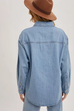Olive Long Sleeve Button Down Denim Top Light Wash