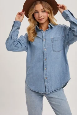 Olive Long Sleeve Button Down Denim Top Light Wash