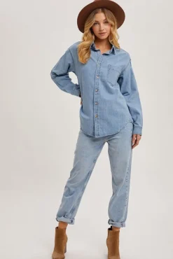 Olive Long Sleeve Button Down Denim Top Light Wash