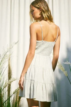 Ophelia Sleeveless Cut Out Stripe Print Linen Mini Dress Natural