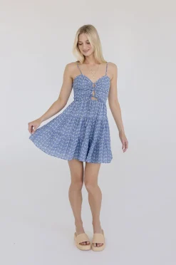 Ophelia Sleeveless Cut Out Embroidered Linen Mini Dress Blue