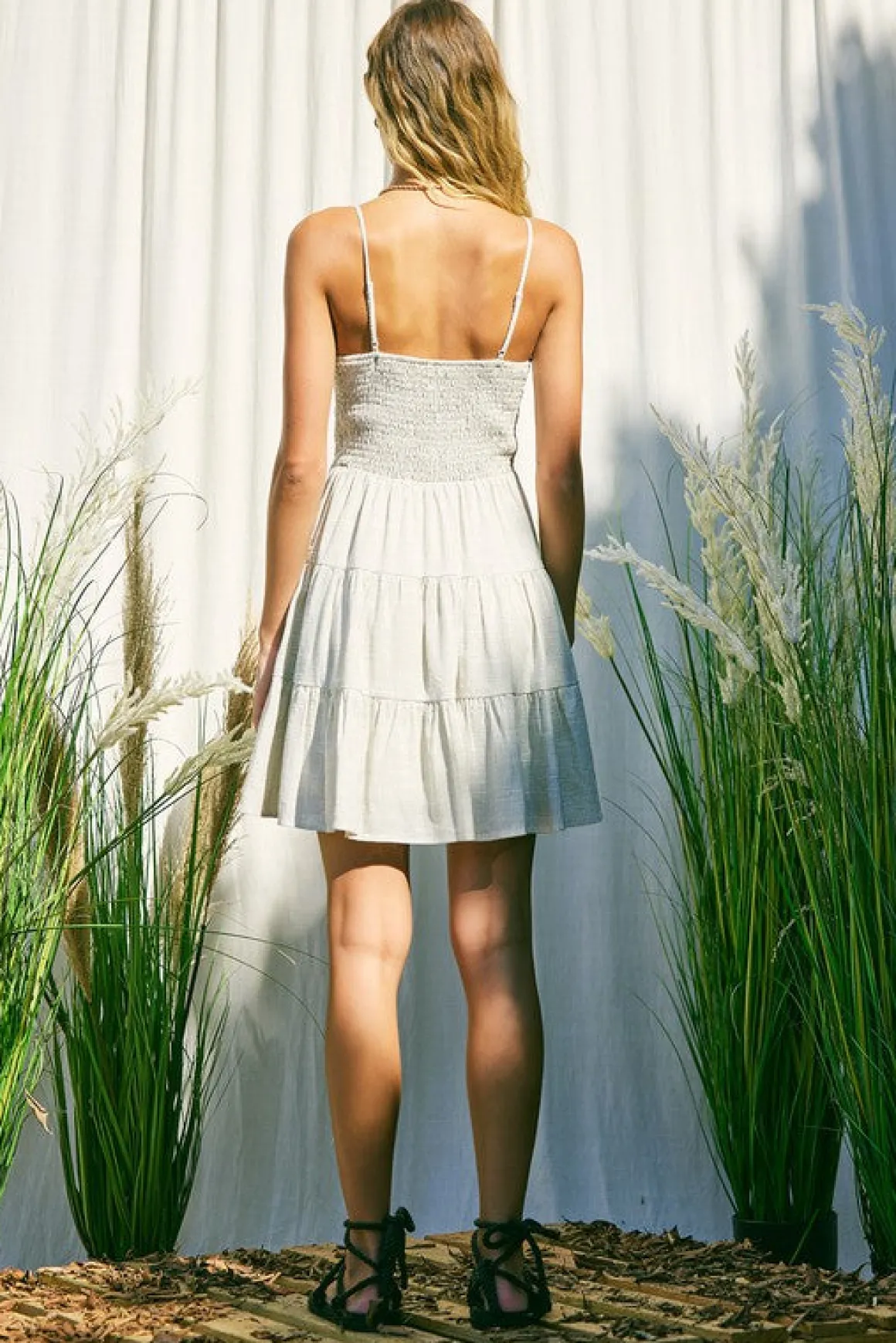 Ophelia Sleeveless Cut Out Stripe Print Linen Mini Dress Natural