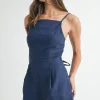 Paige Sleeveless Back Tie Linen Romper Navy