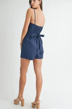 Paige Sleeveless Back Tie Linen Romper Navy