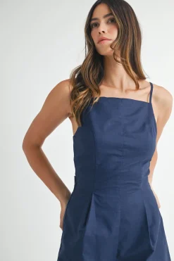 Paige Sleeveless Back Tie Linen Romper Navy