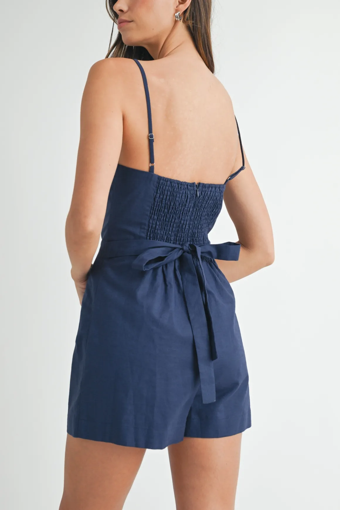 Paige Sleeveless Back Tie Linen Romper Navy