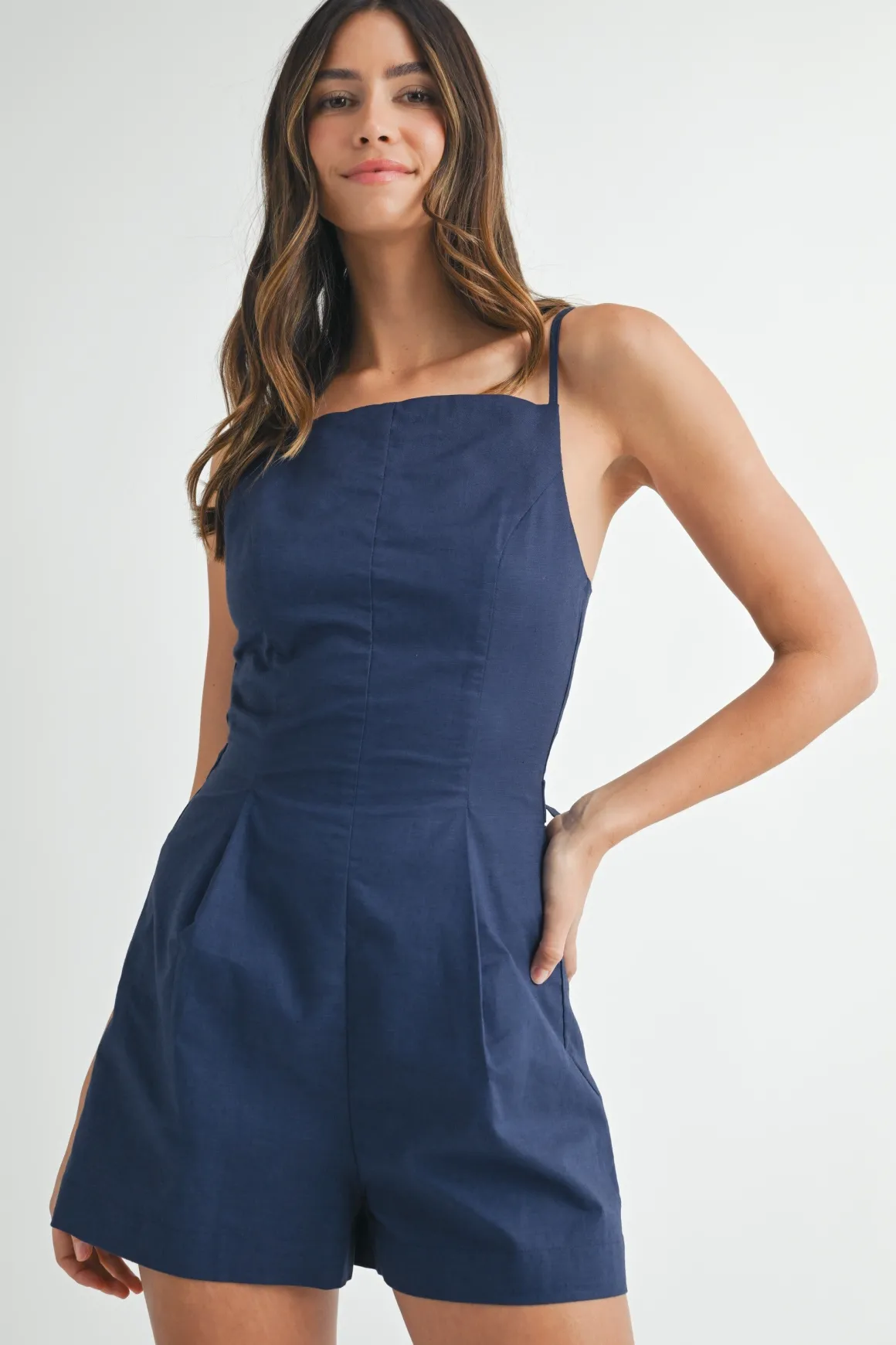Paige Sleeveless Back Tie Linen Romper Navy