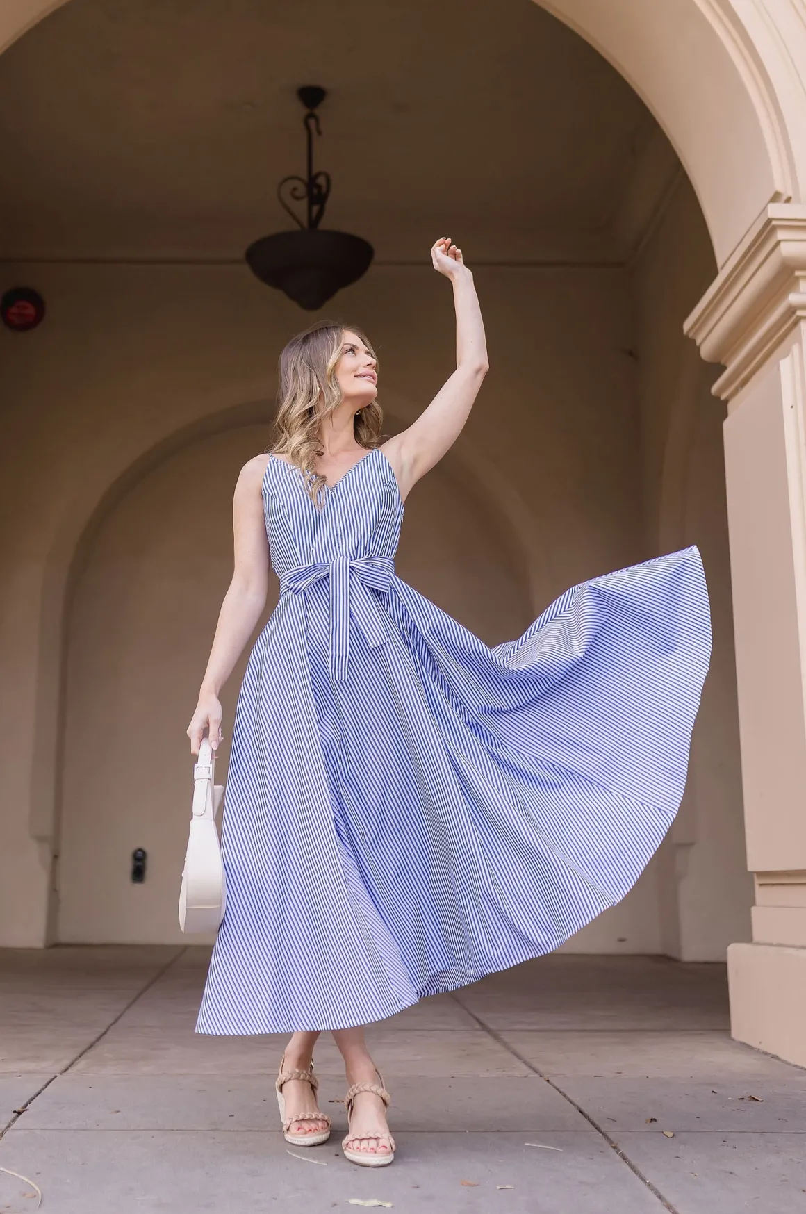 Palmer Sleeveless Stripe Print Waist Tie Maxi Dress Blue