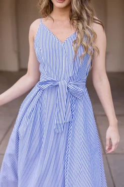 Palmer Sleeveless Stripe Print Waist Tie Maxi Dress Blue