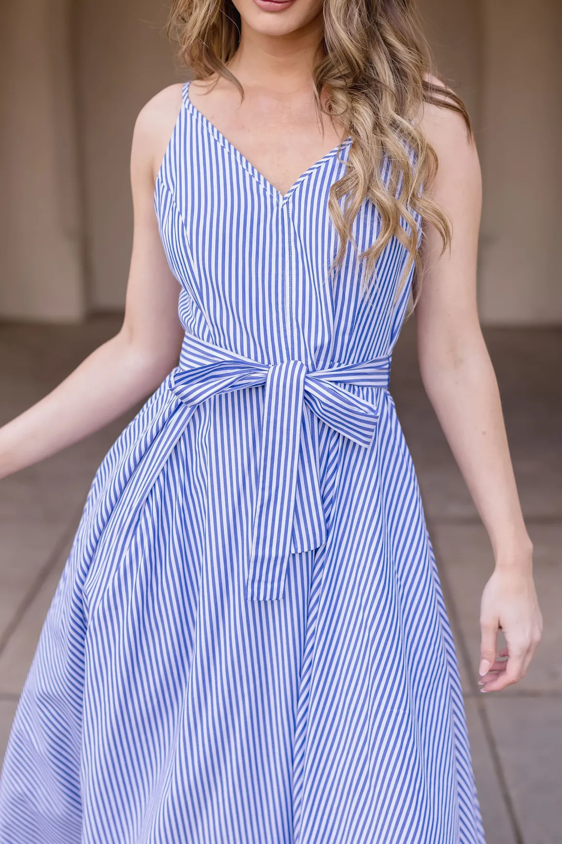 Palmer Sleeveless Stripe Print Waist Tie Maxi Dress Blue