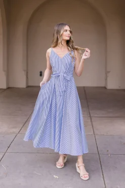 Palmer Sleeveless Stripe Print Waist Tie Maxi Dress Blue