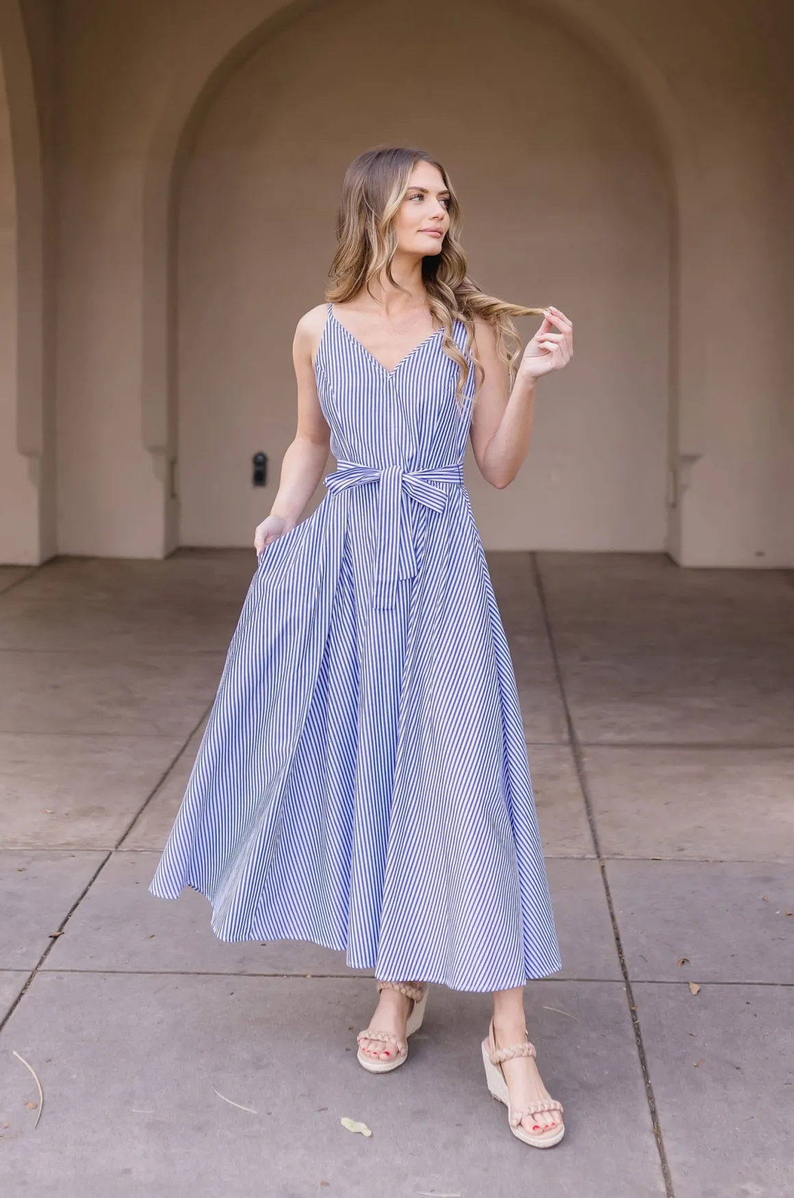 Palmer Sleeveless Stripe Print Waist Tie Maxi Dress Blue