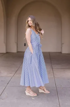 Palmer Sleeveless Stripe Print Waist Tie Maxi Dress Blue