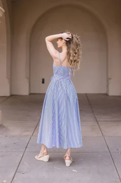 Palmer Sleeveless Stripe Print Waist Tie Maxi Dress Blue